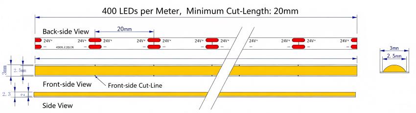 24V COB 400D LED Strip Light, 20mm Cutting Unit, 3mm Narrow PCB.